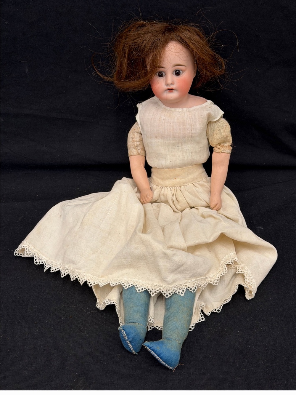 Classic Porcelain Doll in Cream Dress with Blue Stockings1890-1910 era 64/1